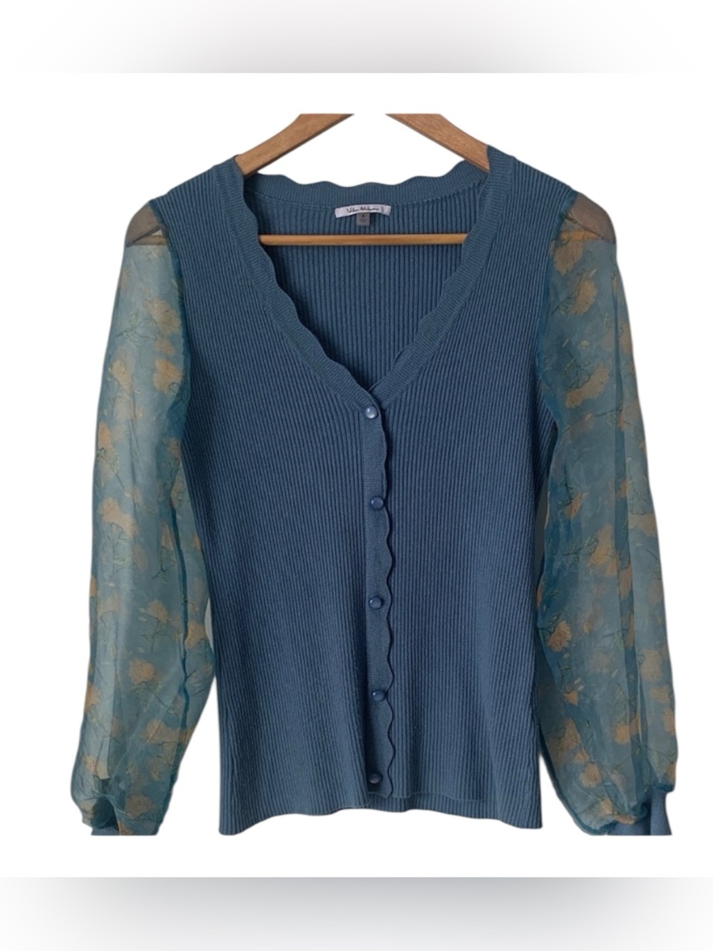 VILA MILANO Blue V-Neck Sweater with Sheer Sleeves